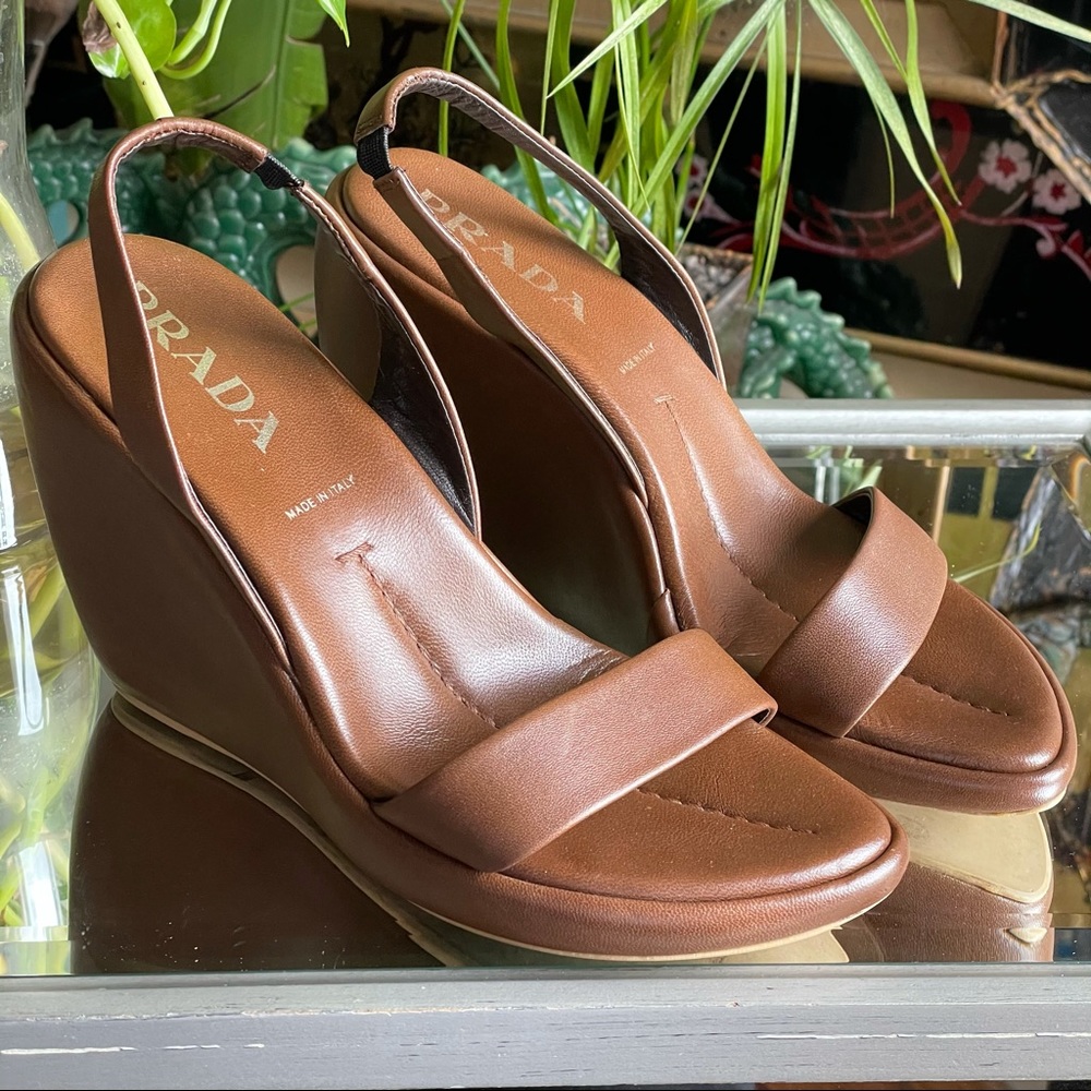 Prada
Brown Leather Slingback Wedge 
Sandals 
38.5 - Picture 6 of 16